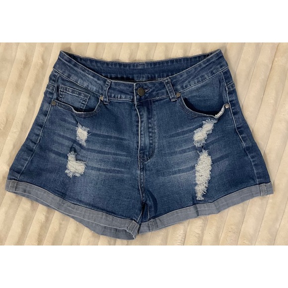 Unbranded Pants - Womens Distressed Medium Wash Cuffed Denim Jean Shorts Size M Blue Mid Rise